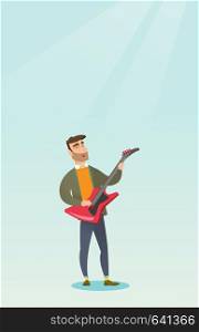 Young musician playing the electric guitar. Hipster man with beard practicing in playing the guitar. Guitarist with closed eyes playing the guitar. Vector flat design illustration. Vertical layout.. Man playing the electric guitar.