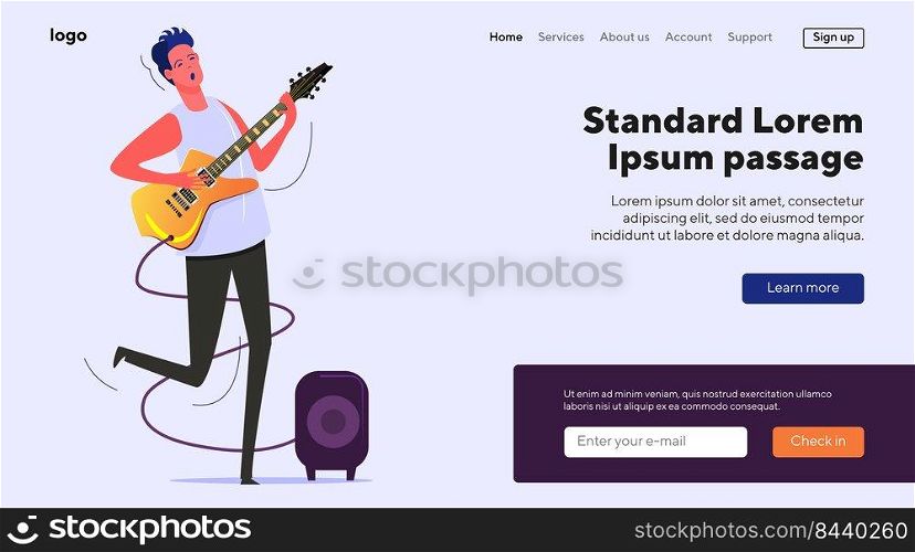Young musician singing and playing electric guitar. Guitar player practicing skills flat vector illustration. Music performance, music instrument concept for banner, website design or landing web page. Young musician singing and playing electric guitar