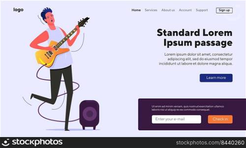 Young musician singing and playing electric guitar. Guitar player practicing skills flat vector illustration. Music performance, music instrument concept for banner, website design or landing web page. Young musician singing and playing electric guitar