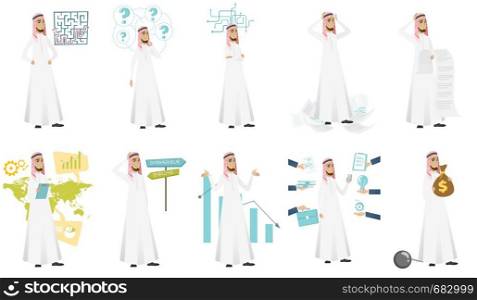 Young muslim businessman set. Businessman choosing career way, thinking, standing in the heap of papers, holding long bill. Set of vector flat design illustrations isolated on white background.. Muslim businessman vector illustrations set.
