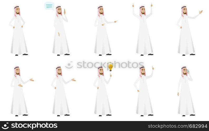 Young muslim businessman set. Businessman gesticulating with his hands, talking on cell phone, pointing finger at idea light bulb. Set of vector flat design illustrations isolated on white background.. Muslim businessman vector illustrations set.