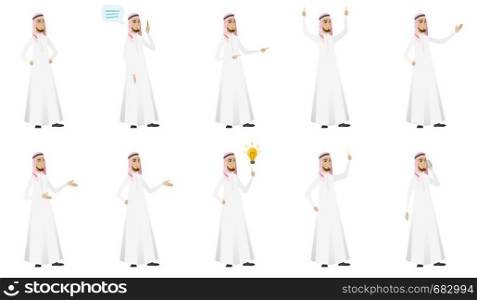 Young muslim businessman set. Businessman gesticulating with his hands, talking on cell phone, pointing finger at idea light bulb. Set of vector flat design illustrations isolated on white background.. Muslim businessman vector illustrations set.
