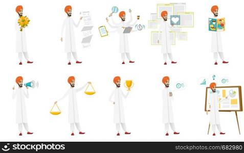 Young muslim businessman set. Businessman holding bouquet of flowers, scales, trophy, document with report, reading magazine. Set of vector flat design illustrations isolated on white background.. Muslim businessman vector illustrations set.