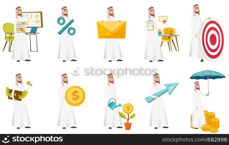 Young muslim businessman set. Businessman holding folders, mail envelope, briefcase with money, dollar coin, watering money flower. Set of vector flat design illustrations isolated on white background. Muslim businessman vector illustrations set.