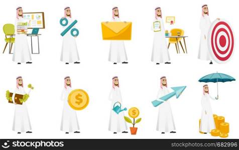 Young muslim businessman set. Businessman holding folders, mail envelope, briefcase with money, dollar coin, watering money flower. Set of vector flat design illustrations isolated on white background. Muslim businessman vector illustrations set.