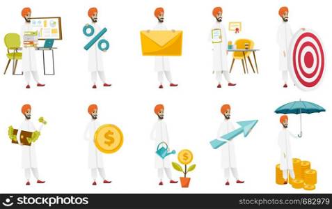 Young muslim businessman set. Businessman holding folders, percent sign, mail envelope, dollar coin, watering money flower. Set of vector flat design illustrations isolated on white background.. Muslim businessman vector illustrations set.
