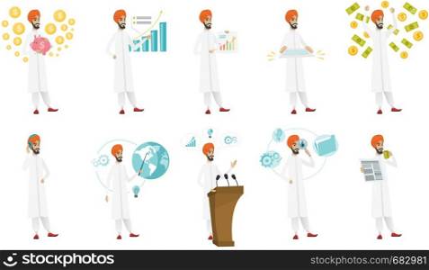 Young muslim businessman set. Businessman holding piggy bank, pointing at chart, standing under money rain, reading newspaper. Set of vector flat design illustrations isolated on white background.. Muslim businessman vector illustrations set.