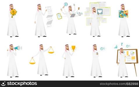 Young muslim businessman set. Businessman holding scales, trophy, reading magazine, using mobile phone, giving a presentation. Set of vector flat design illustrations isolated on white background.. Muslim businessman vector illustrations set.