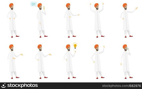 Young muslim businessman set. Businessman laughing, giving a speech, gesticulating with his hands, talking on mobile phone. Set of vector flat design illustrations isolated on white background.. Muslim businessman vector illustrations set.