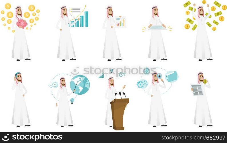 Young muslim businessman set. Businessman pointing at infographic, reading newspaper, drinking coffee, speaking from the tribune. Set of vector flat design illustrations isolated on white background.. Muslim businessman vector illustrations set.
