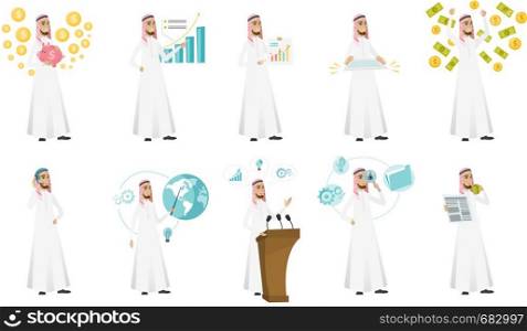 Young muslim businessman set. Businessman pointing at infographic, reading newspaper, drinking coffee, speaking from the tribune. Set of vector flat design illustrations isolated on white background.. Muslim businessman vector illustrations set.