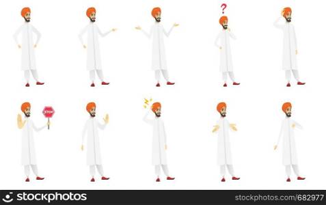 Young muslim businessman set. Businessman screaming, shrugging shoulders, scratching head, showing stop road sign, thumb down. Set of vector flat design illustrations isolated on white background.. Muslim businessman vector illustrations set.