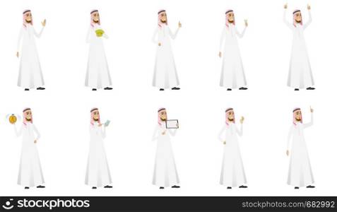Young muslim businessman set. Businessman showing peace sign, holding money, tablet computer, cell phone, pointing finger up. Set of vector flat design illustrations isolated on white background.. Muslim businessman vector illustrations set.