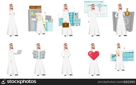 Young muslim businessman set. Businessman showing thumb up, holding money bag, heart, laptop, newspaper, certificate, magnifier. Set of vector flat design illustrations isolated on white background.. Muslim businessman vector illustrations set.
