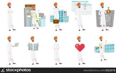 Young muslim businessman set. Businessman standing with folded arms, showing thumb up, holding money bag, heart, laptop, newspaper. Set of vector flat design illustrations isolated on white background. Muslim businessman vector illustrations set.