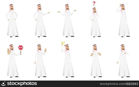 Young muslim businessman set. Businessman thinking, shrugging shoulders, scratching head, showing stop road sign, thumb down. Set of vector flat design illustrations isolated on white background.. Muslim businessman vector illustrations set.