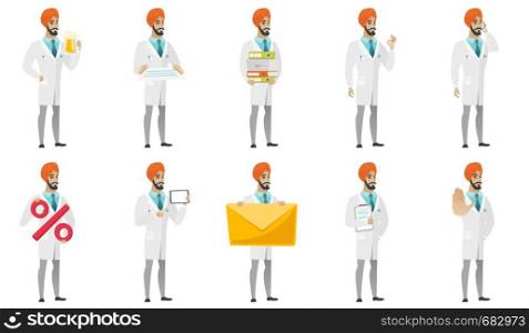 Young muslim doctor set. Doctor drinking beer, holding folders, documents, per cent, tablet, showing ok sign, talking on mobile. Set of vector flat design illustrations isolated on white background.. Muslim doctor vector illustrations set.