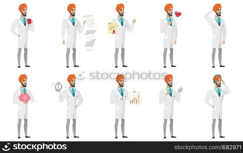 Young muslim doctor set. Doctor drinking coffee, showing document with report, diploma, alarm clock, talking on the mobile phone. Set of vector flat design illustrations isolated on white background.. Muslim doctor vector illustrations set.