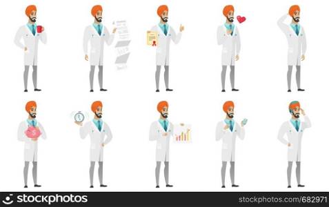 Young muslim doctor set. Doctor drinking coffee, showing document with report, diploma, alarm clock, talking on the mobile phone. Set of vector flat design illustrations isolated on white background.. Muslim doctor vector illustrations set.