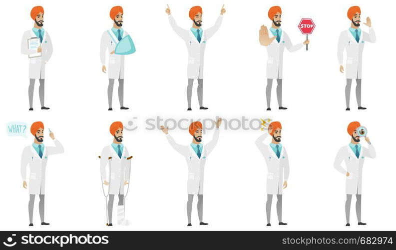 Young muslim doctor set. Doctor holding stop road sign, looking through a loupe, celebrating with arms up, standing on crutches. Set of vector flat design illustrations isolated on white background.. Muslim doctor vector illustrations set.