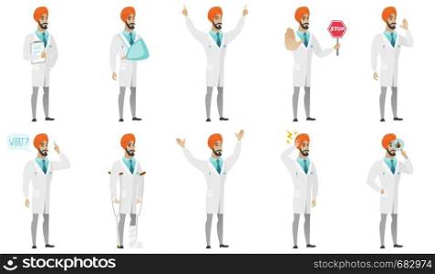 Young muslim doctor set. Doctor holding stop road sign, looking through a loupe, celebrating with arms up, standing on crutches. Set of vector flat design illustrations isolated on white background.. Muslim doctor vector illustrations set.