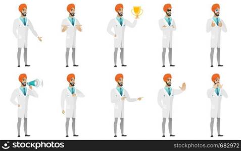 Young muslim doctor set. Doctor holding trophy, wearing sunglasses, three d glasses, giving thumb up, thumb down, showing palm. Set of vector flat design illustrations isolated on white background.. Muslim doctor vector illustrations set.