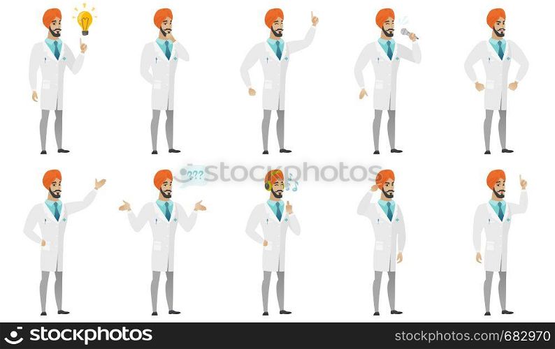 Young muslim doctor set. Doctor pointing at light, bulb, singing into a microphone, standing under question marks, listening music. Set of vector flat design illustrations isolated on white background. Muslim doctor vector illustrations set.