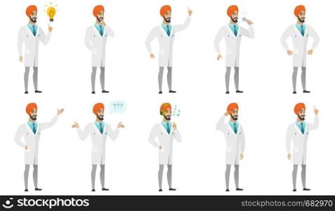 Young muslim doctor set. Doctor pointing at light, bulb, singing into a microphone, standing under question marks, listening music. Set of vector flat design illustrations isolated on white background. Muslim doctor vector illustrations set.