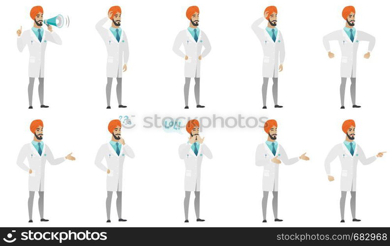 Young muslim doctor set. Doctor speaking into a megaphone, laughing out loud, screaming with raised fists, shaking his finger. Set of vector flat design illustrations isolated on white background.. Muslim doctor vector illustrations set.