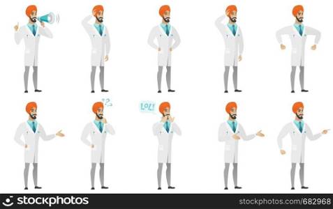 Young muslim doctor set. Doctor speaking into a megaphone, laughing out loud, screaming with raised fists, shaking his finger. Set of vector flat design illustrations isolated on white background.. Muslim doctor vector illustrations set.