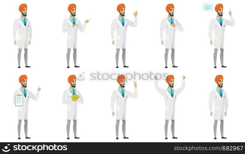 Young muslim doctor set. Doctor waving, gesturing, giving thumb up, holding money, showing victory sign, clipboard with document. Set of vector flat design illustrations isolated on white background.. Muslim doctor vector illustrations set.