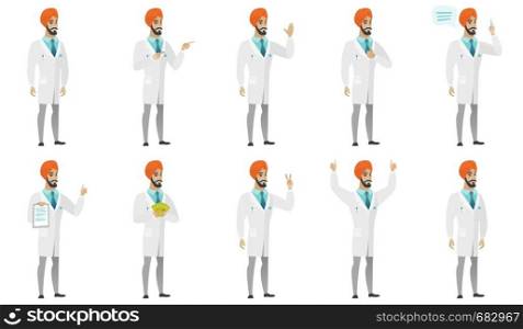 Young muslim doctor set. Doctor waving, gesturing, giving thumb up, holding money, showing victory sign, clipboard with document. Set of vector flat design illustrations isolated on white background.. Muslim doctor vector illustrations set.