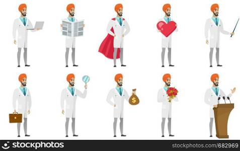 Young muslim doctor set. Doctor working on a laptop, reading newspaper, wearing superhero coat, holding big heart, pointer, loupe. Set of vector flat design illustrations isolated on white background.. Muslim doctor vector illustrations set.