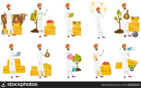 Young muslim farmer set. Farmer using a laptop, showing clipboard and ok sign, speaking into a loudspeaker, holding piggy bank. Set of vector flat design illustrations isolated on white background.. Muslim farmer vector illustrations set.