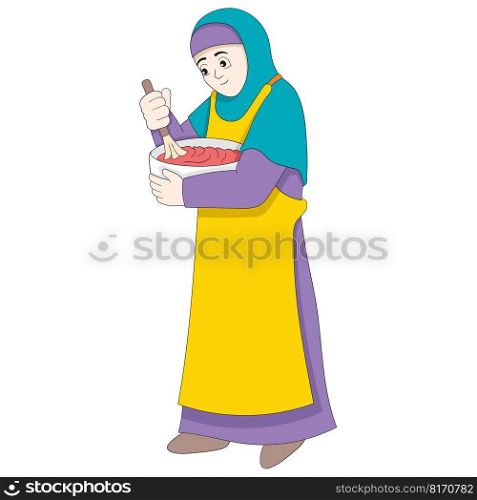 young muslim girl is making cake dough for iftar meal. vector design illustration art