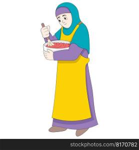 young muslim girl is making cake dough for iftar meal. vector design illustration art