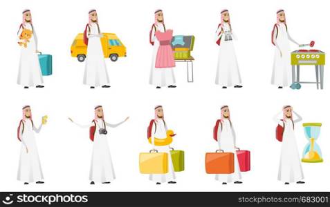 Young muslim traveler man set. Traveler walking with suitcases, drinking cocktail, cooking on barbecue grill, looking at hourglass. Set of vector flat design illustrations isolated on white background. Young muslim traveler man vector illustrations set