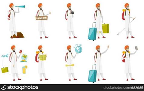 Young muslim traveler set. Traveler looking through spyglass, holding tablet with text anywhere, making photo with digital camera. Set of vector flat design illustrations isolated on white background.. Muslim traveler vector illustrations set.