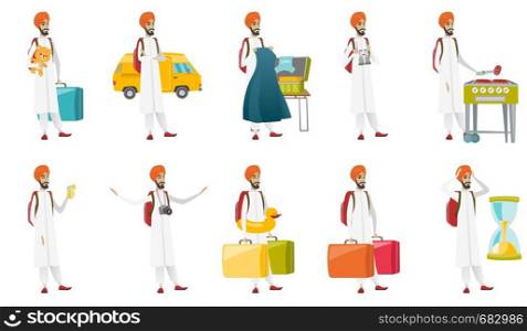 Young muslim traveler set. Traveler putting clothes into a suitcase, cooking steak on barbecue grill, carrying heavy suitcases. Set of vector flat design illustrations isolated on white background.. Muslim traveler vector illustrations set.