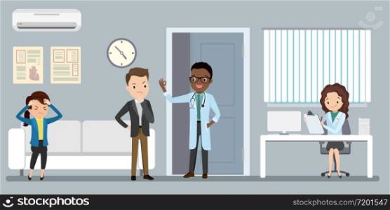 Young nurse at hospital reception desk in clinic and african american male doctor in uniform standing with patient,reception interior with furniture,health care concept,flat vector illustration
