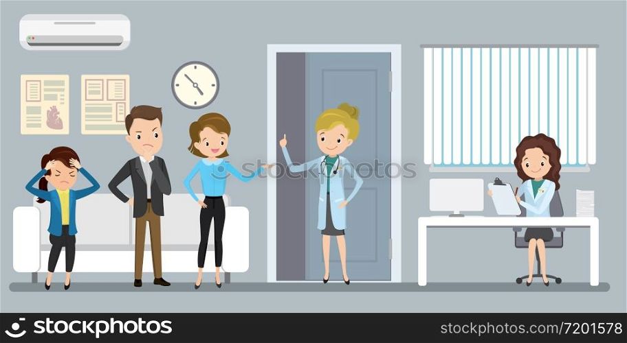 Young nurse at hospital reception desk in clinic and woman doctor in uniform standing with patient,reception interior with furniture,health care concept,flat vector illustration