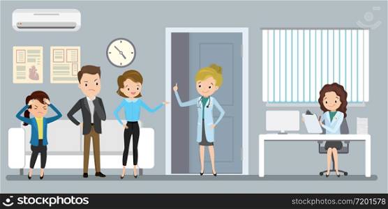 Young nurse at hospital reception desk in clinic and woman doctor in uniform standing with patient,reception interior with furniture,health care concept,flat vector illustration