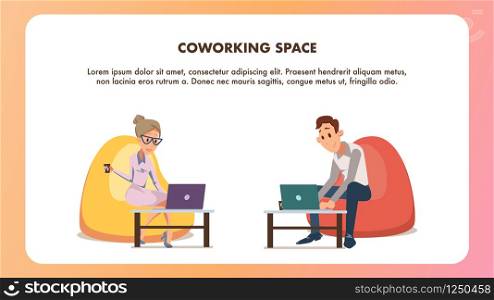 Young Office Worker in Bean Bag Chair with Laptop. Successful Woman Sit Hold Cup of Tea or Coffee. Male Student or Freelance Businessman Character Work by Computer. Flat Cartoon Vector Illustration.. Young Office Worker in Bean Bag Chair with Laptop