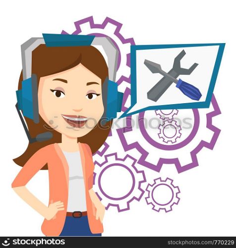 Young operator of technical support wearing headphone set. Technical support operator and speech square with screwdriver and wrench. Vector flat design illustration isolated on white background.. Technical support operator vector illustration.