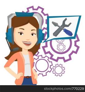 Young operator of technical support wearing headphone set. Technical support operator and speech square with screwdriver and wrench. Vector flat design illustration isolated on white background.. Technical support operator vector illustration.