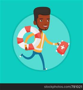 Young paramedic running to patient. Paramedic running with first aid box. Emergency doctor running with first aid box and lifebuoy. Vector flat design illustration in the circle isolated on background. Paramedic running with first aid box.