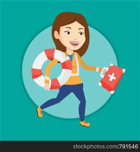 Young paramedic running to patient. Paramedic running with first aid box. Emergency doctor running with first aid box and lifebuoy. Vector flat design illustration in the circle isolated on background. Paramedic running with first aid box.