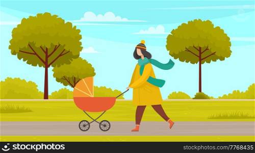 Young parent strolling in park with orange baby stroller. Mother rolls stroller with newborn. Family walking in park vector illustration. Mom and child outdoors on clear cool day in natural landscape. Young parent strolling in park with orange baby stroller. Mother rolls stroller with newborn