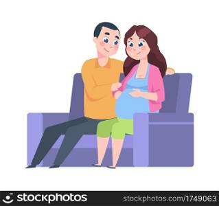 Young parents at home. Cartoon future father and pregnant woman sitting on sofa. Happy people expecting childbirth. Husband supports wife in pregnancy period. Vector couple spending time together. Young parents at home. Future father and pregnant woman sitting on sofa. People expecting childbirth. Husband supports wife in pregnancy period. Vector couple spending time together
