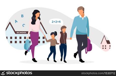 Young parents taking children from school flat illustration. Family going home together talking and holding hands cartoon characters. Father and mother with two preteen kids. Schoolboy and schoolgirl